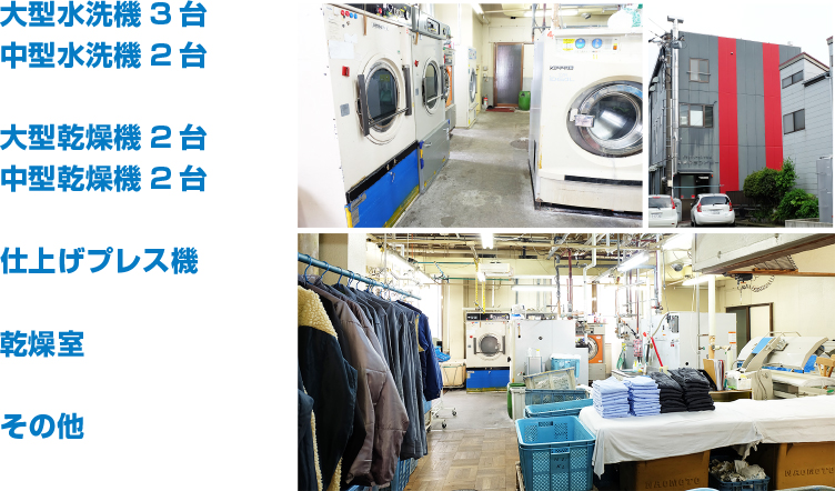 大型水洗機3台
中型水洗機2台
大型乾燥機2台
中型乾燥機2台
仕上げプレス機
乾燥室
その他